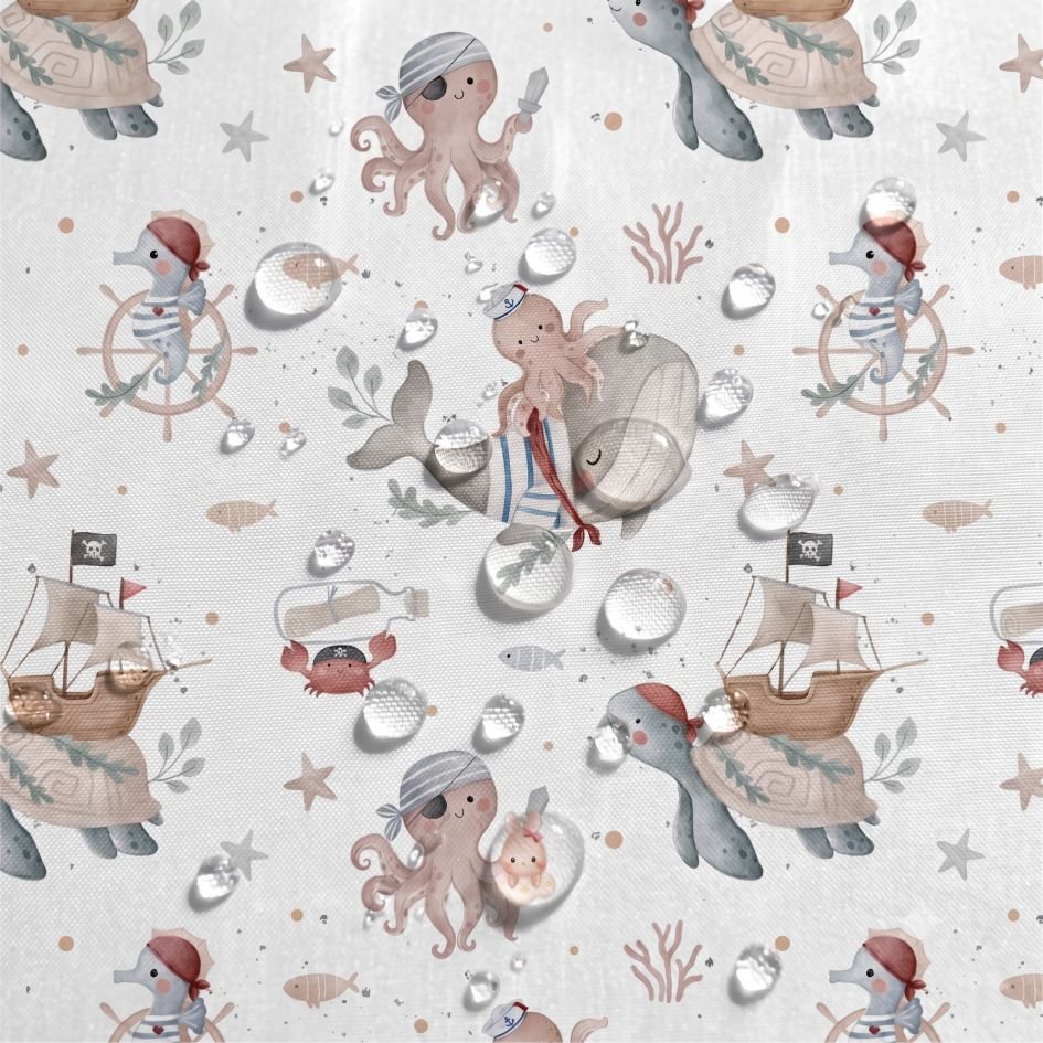 Tecido Nylon Impermeavel Animais Marinhos Piratas – Branco Violet Fabrics