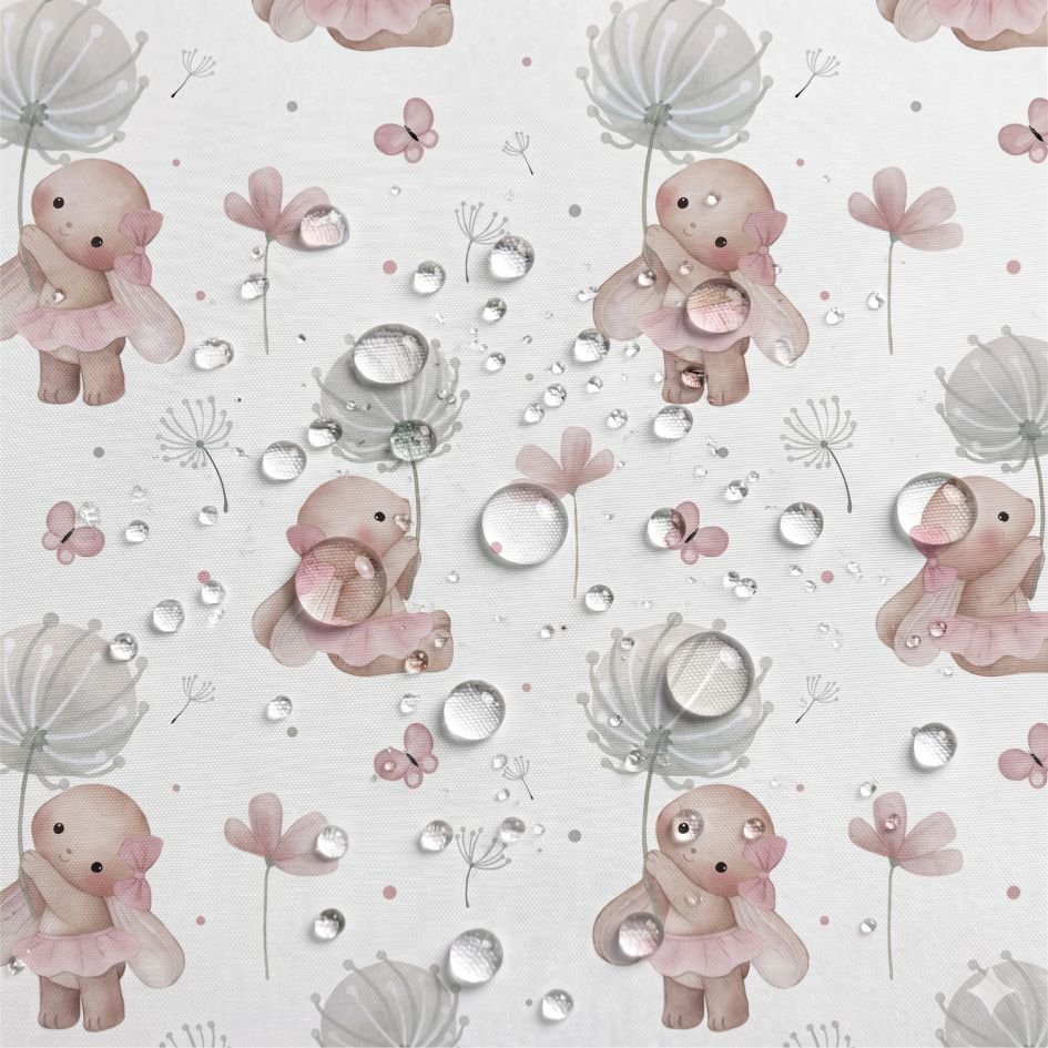 Tecido Nylon Impermeavel Coelhinha e Flor – Branco a Violet Fabrics