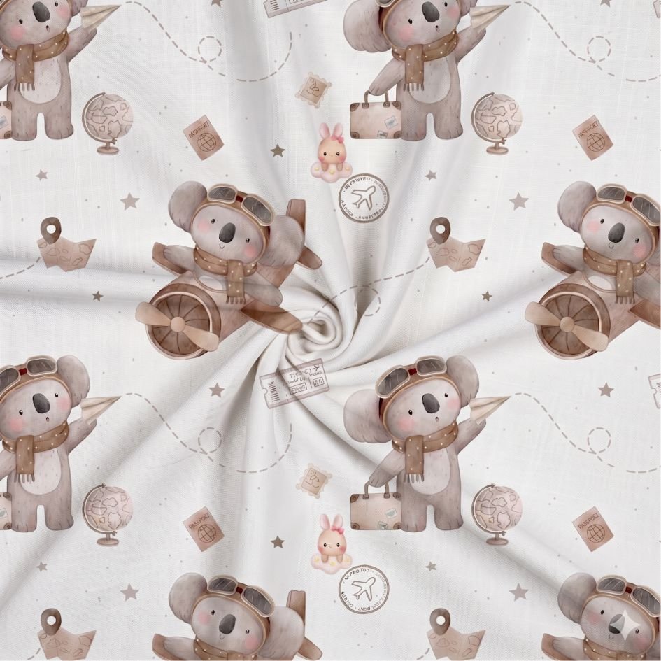 Tecido Popeline Koala Aviao Branca f Violet Fabrics