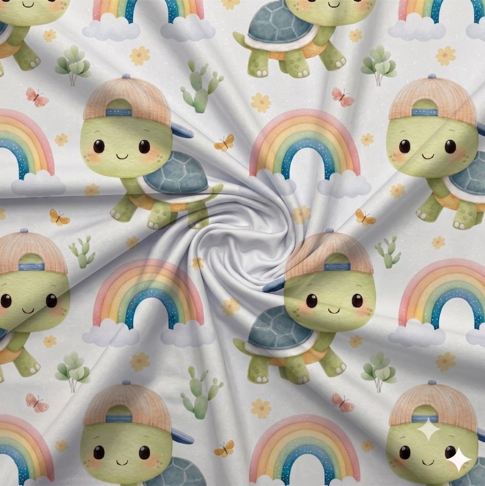 Tecido Lycra Estampada Tartarugas e Arco Iris ad Violet Fabrics