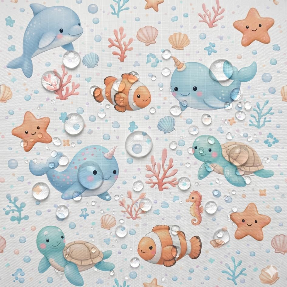 Tecido Nylon Impermeável Animais Marinhos – Branco