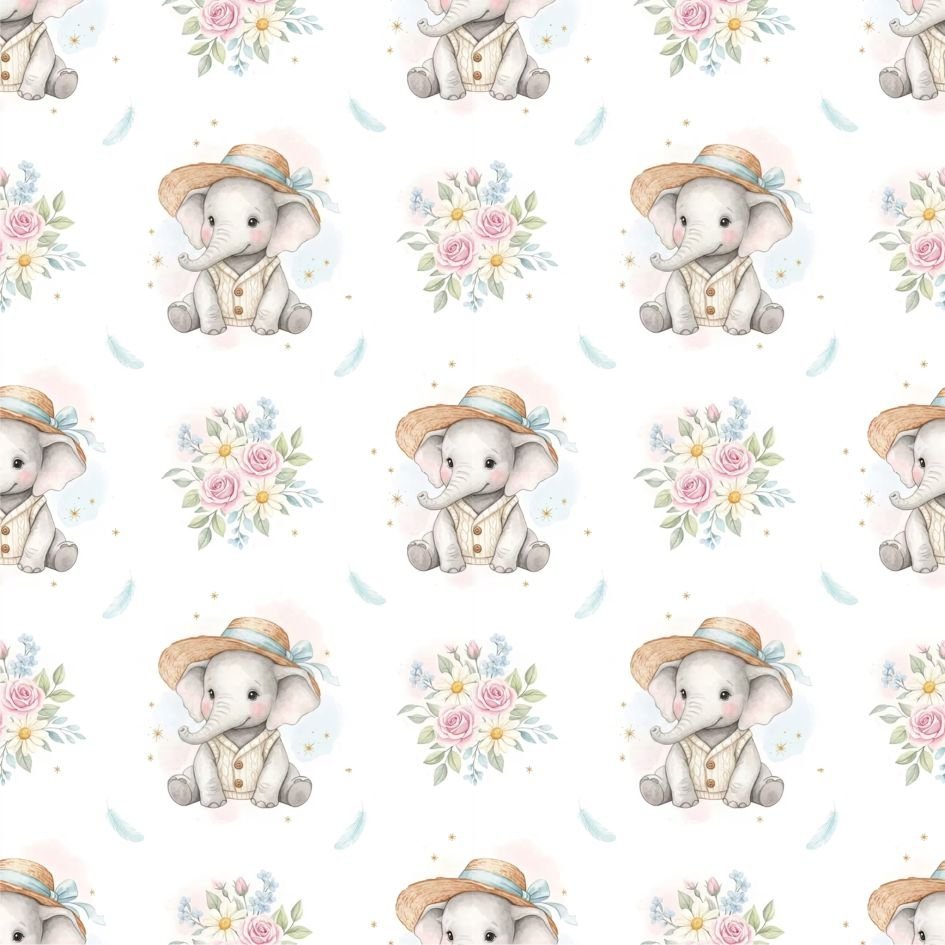 Popeline Elefante Flores – Branco