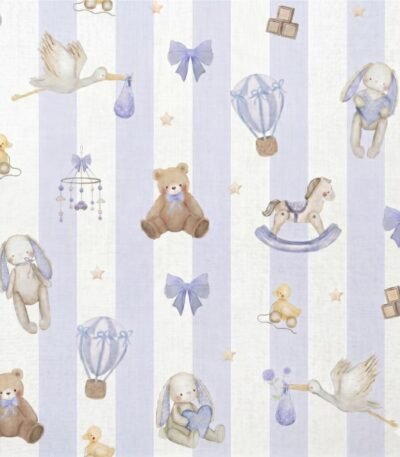 Popeline Riscas Brinquedos – Branco/Azul
