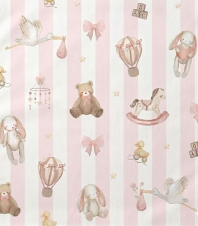 Popeline Riscas Brinquedos – Branco/Rosa