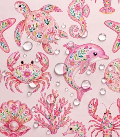 Tecido Nylon Impermeável Animais Marinhos Rosa