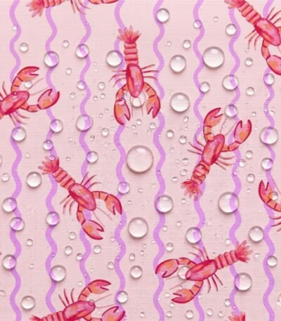 Tecido Nylon Impermeável Lagostas Rosa Riscas Lilás