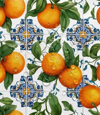 Tecido Nylon Impermeável Laranjas Azuleijos – Branco