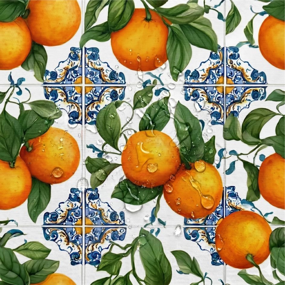 Tecido Nylon Impermeável Laranjas Azuleijos – Branco