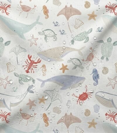Tecido Nylon Impermeável Animais Marinhos – Branco