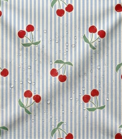 Tecido Nylon Impermeável Riscas e Cerejas – Branco