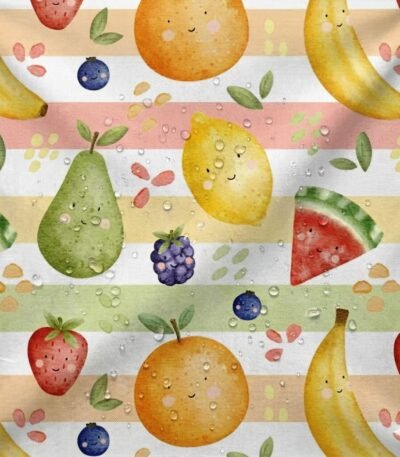 Tecido Nylon Impermeável Riscas e Frutas – Branco