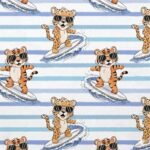 Tecido p/ Calções de Banho Tactel Tigre Surfista – Branco Ricas Azuis