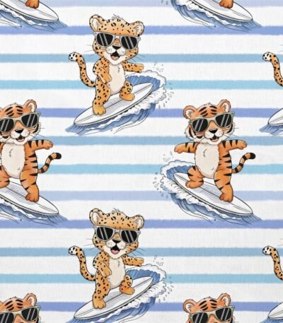 Tecido p/ Calções de Banho Tactel Tigre Surfista – Branco Ricas Azuis