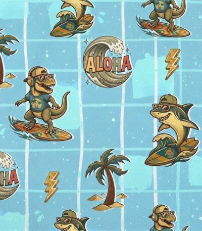 Tecido p/ Calções de Banho Tactel Tubarão e Dinossauro – Azul