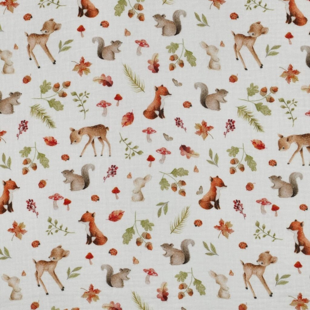 Tecido Musselina Bosque Animais Branco q Violet Fabrics