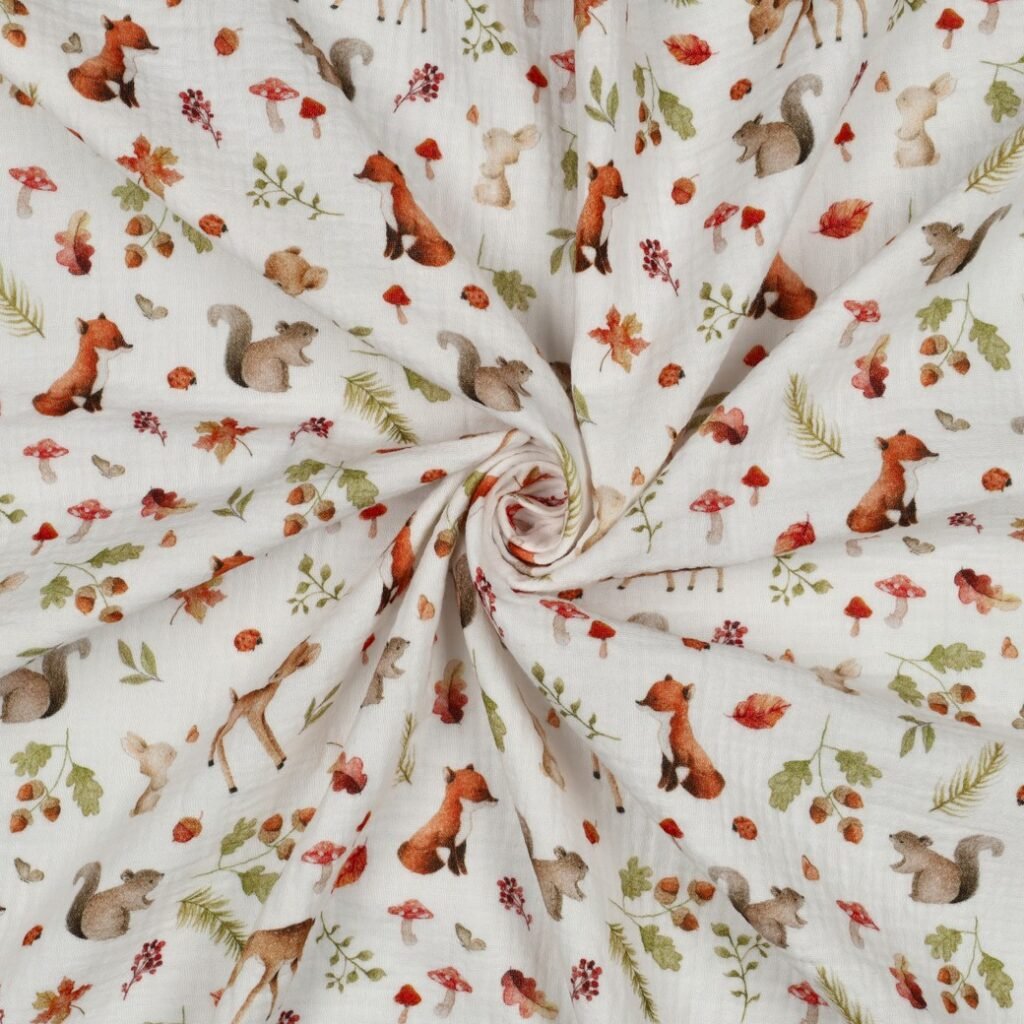 Tecido Musselina Bosque Animais Branco v Violet Fabrics