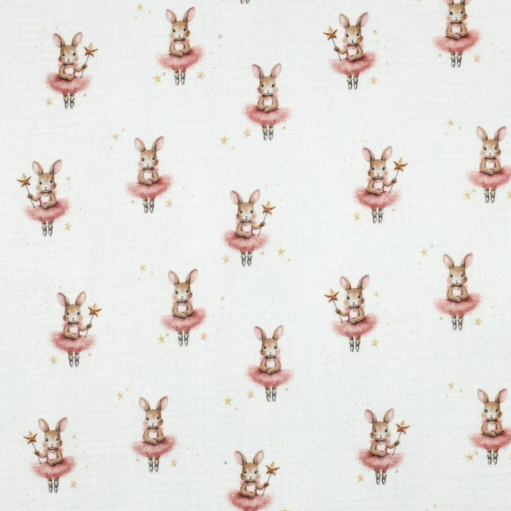 Tecido Musselina Fada Coelhinha Branco dw Violet Fabrics