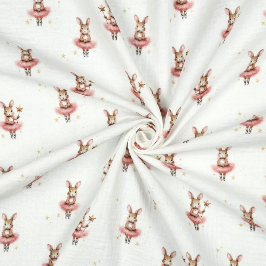 Tecido Musselina Fada Coelhinha Branco v Violet Fabrics