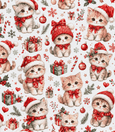 Tecido Popeline Gatinhos Natal – Branco