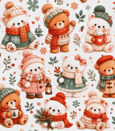 Tecido Popeline Ursinhos Natal – Branco