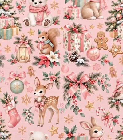 Tecido Policanvas Natal Animais do Bosque – Rosa