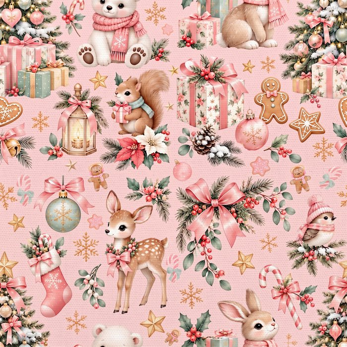 Tecido Policanvas Natal Animais do Bosque v(2) Tecido Policanvas Natal Animais do Bosque - Rosa - Image 1