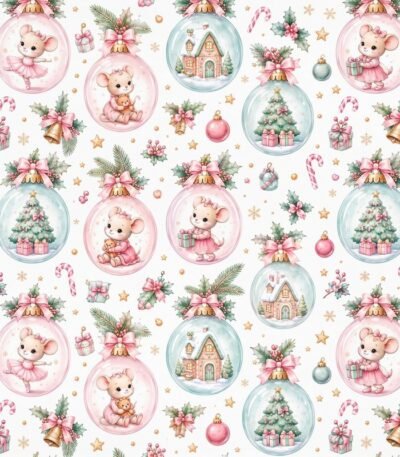 Tecido Popeline Ratinhas e Bolas de Natal – Branco