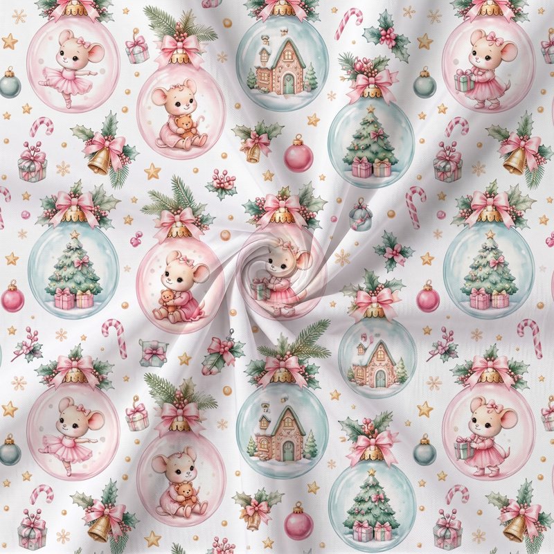 Tecido Tecido Popeline Ratinhas e Bolas de Natal v Violet Fabrics