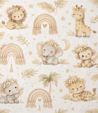 Popeline Safari Amiguinhos Arco-íris  – Branco
