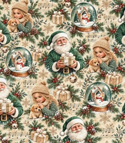 Tecido Policanvas Pai Natal e Menina – Cru