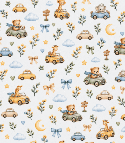 Popeline Animais Carros - Branco