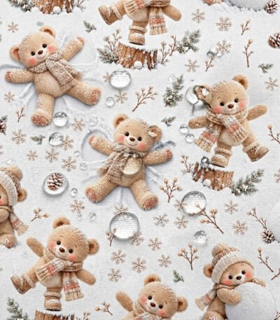 Tecido Nylon Impermeável Ursinhos a Brincar na Neve - Branco