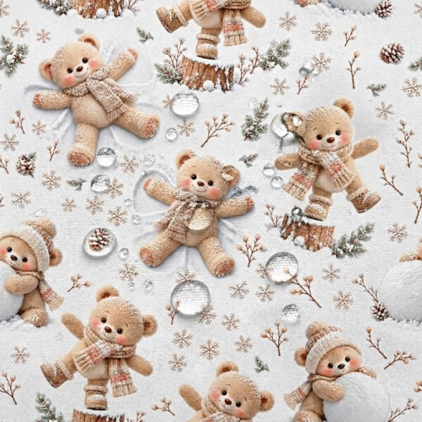 Tecido Nylon Impermeável Ursinhos a Brincar na Neve - Branco