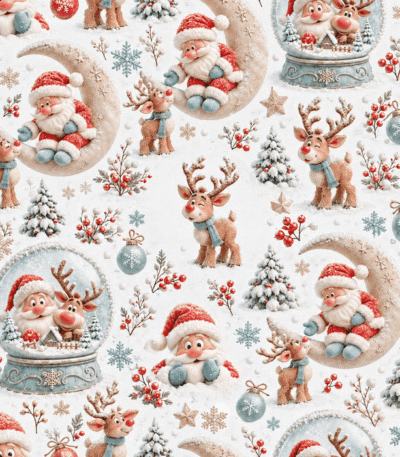 Tecido Popeline Bola de Neve Pai Natal e Rena - Branco