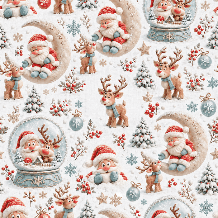 Tecido Popeline Bola de Neve Pai Natal e Rena - Branco
