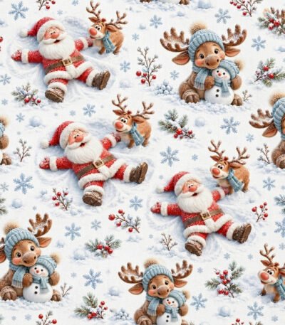 Tecido Popeline Pai Natal Rena e Boneco de Neve - Branco