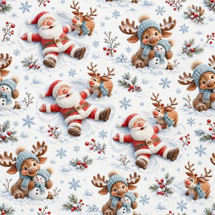 Tecido Popeline Pai Natal Rena e Boneco de Neve - Branco
