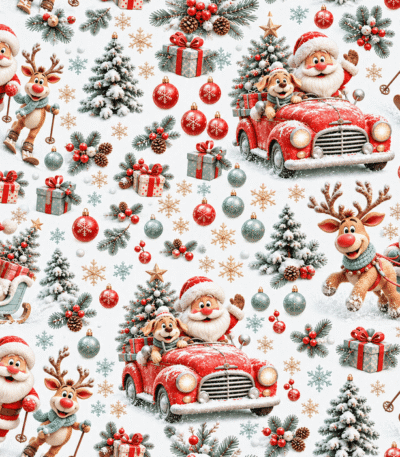 Tecido Popeline Pai Natal de Rena - Branco