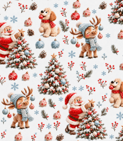 Tecido Popeline Pai Natal de Rena - Branco