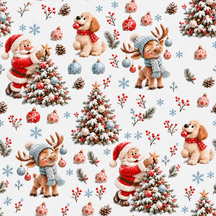 Tecido Popeline Pai Natal de Rena - Branco