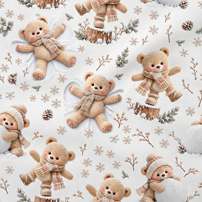 Tecido Popeline Ursinhos Brincar na Neve - Branco