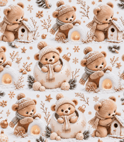 Tecido Popeline Ursinhos na Neve - Branco