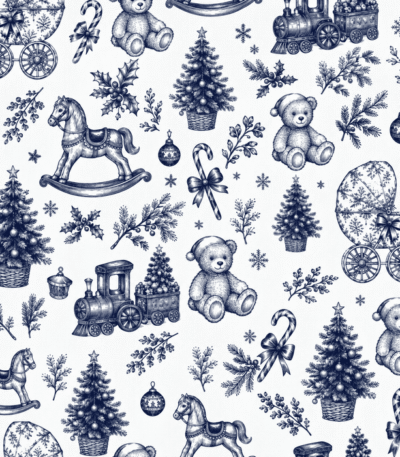 Tecido Popeline Toile Natalício Vintage – Azul Marinho