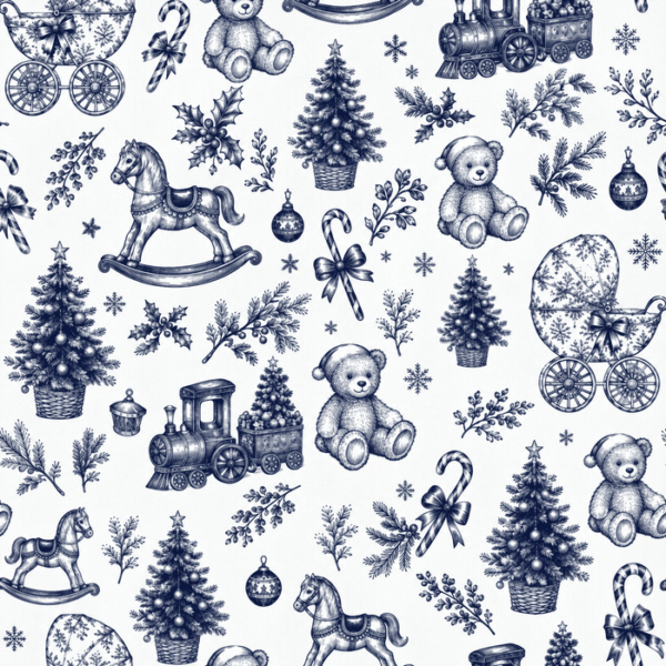Tecido Popeline Toile Natalício Vintage - Azul Marinho